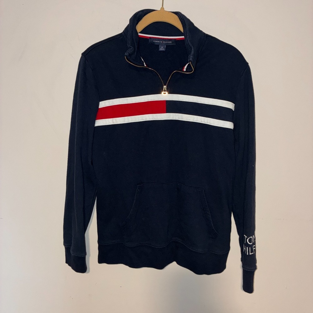 Tommy Hilfiger Flag Quarter Zip Pullover Sweatshirt Mens Small Navy Blue